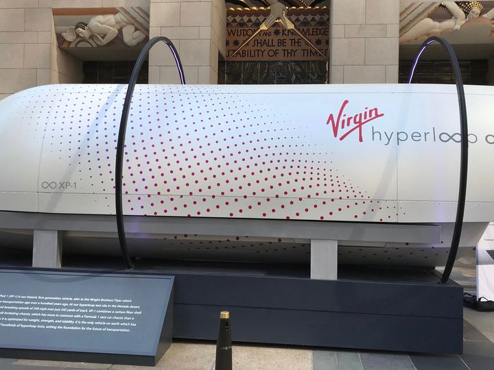 The white XP-1 hyperloop test pod seen from the side